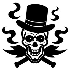 Vintage Skull with Top Hat and Crossed Cigars Black and White Smoke Illustration