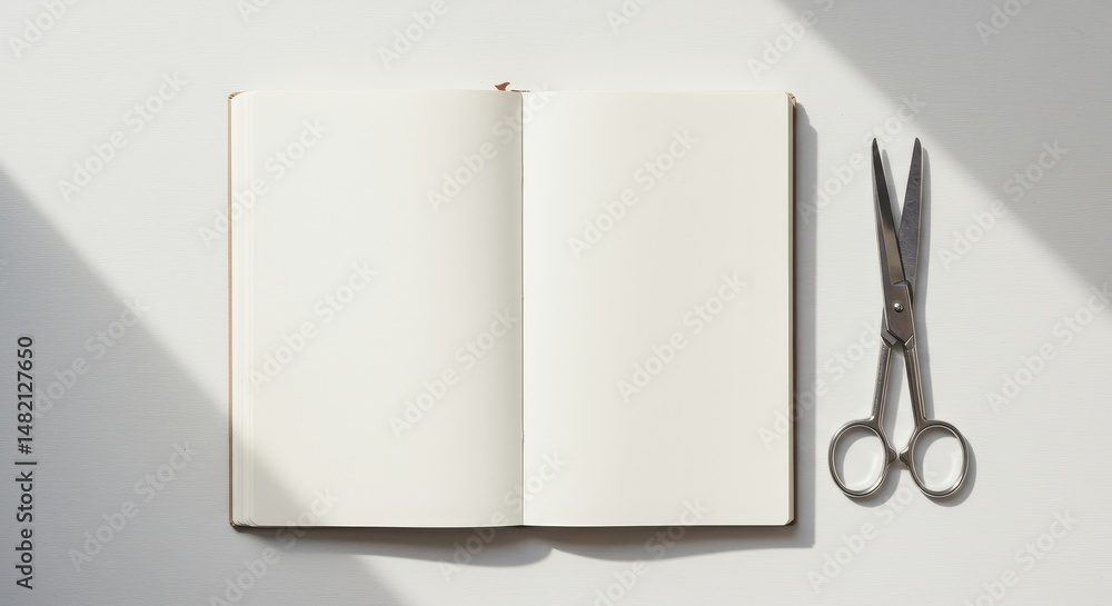 Aufkleber photo of open notebook with scissors and blank pages