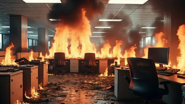Office interior engulfed in intense fire with blazing flames, thick smoke, burning desks, and destruction creating chaotic emergency scene

