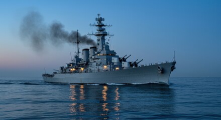 Battleship in Water at Dusk