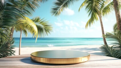 Golden platform on wooden surface, idyllic beach backdrop