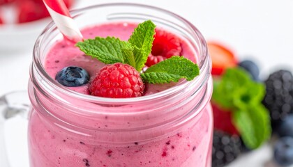 berry smoothie in glass jar garnished with whole berries and mint leaves, paper straw
