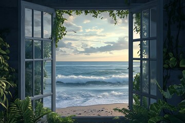 A peaceful view of the ocean through an open window surrounded by greenery