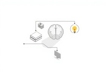 AI learning tools education assistant concept. Minimalist illustration of a brain connected to a computer, books, a server, and a lightbulb, symbolizing knowledge, technology, and ideas.
