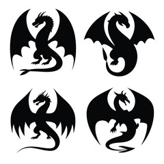 Vector silhouette set of dragon on white background 