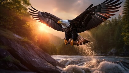 Fototapeta premium Eagle flying freely above the sky, with a stunning mountain backdrop at sunrise view