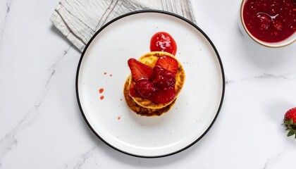 cheesecakes with strawberry jam, white ceramic plate, natural daylight
