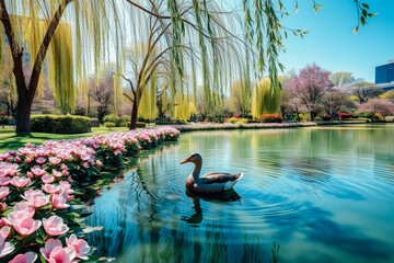 Peaceful Spring Day in City Park with a Duck