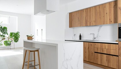 Modern kitchen interior with white marble island, wood cabinetry, clean minimalist style on bright background.