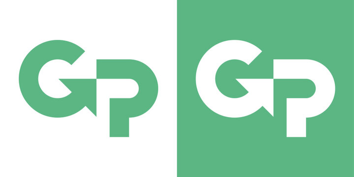 Abstract GP monogram logo with circular arrow forming G and pointing to P. Modern and dynamic symbol for branding and business.