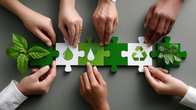 Flat lay of eco-friendly icons in puzzle form with hands from diverse team reaching in, symbolizing collaborative ESG commitment