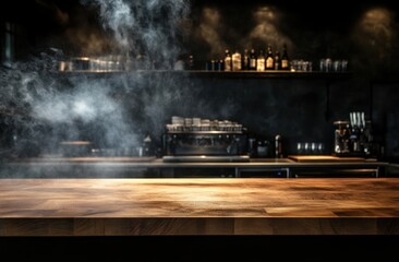 Smoky bar scene with wooden counter