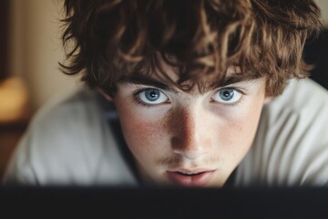 Focused teen with light eyes stares intently at screen. Use for themes of concentration, focus, and technology use.