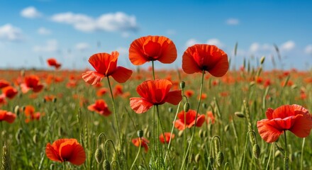 Fototapeta premium Photo of Red Poppies Field Under Blue Sky