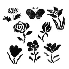 切り絵のような様々な花の手書きアイコンイラスト