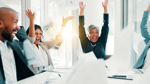 Business people, documents and excited with celebration for achievement, done or finished at office. Employees, group applause and throwing paperwork in air for success, completion and contract goal