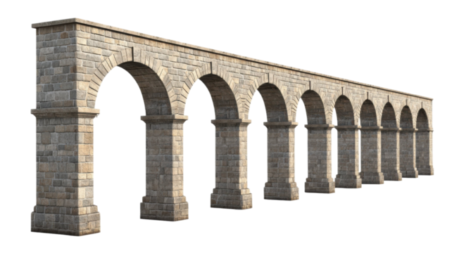 Extended Stone Viaduct Architecture Isolated on White Background