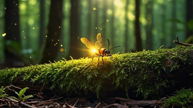 A glowing firefly perches on a mossy log in a lush, sunlit forest. The firefly&rsquo;s wings emit a golden light, creating a magical atmosphere with surrounding sparkles and dappled sunlight filtering throu