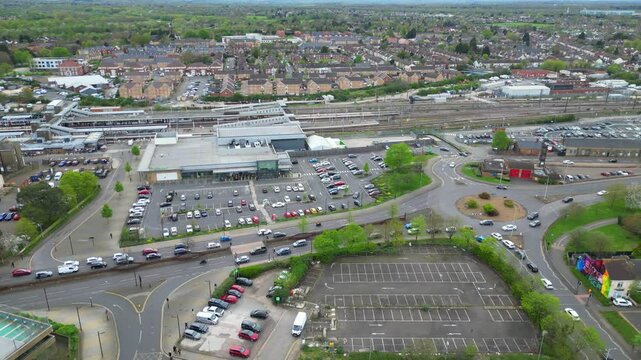 Central Peterborough City and Town Centre of England United Kingdom. Drone Camera Footage Was Captured on April 11th, 2024 During Mostly Cloudy Day over Great Britain