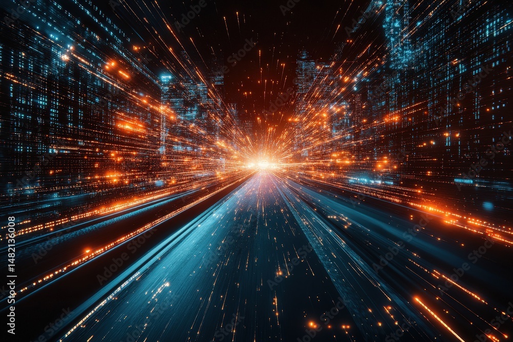 Poster dynamic burst of light and color depicting a digital landscape with streams of data in a futuristic 