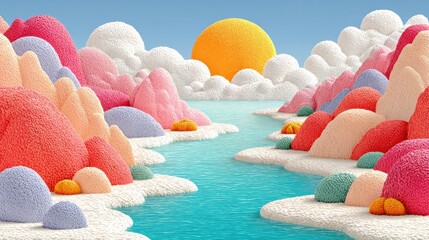 Pastel Fluffy Mountains and Calm Blue River at Sunset