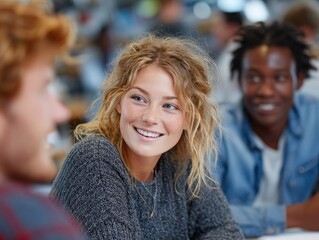 Cheerful group conversation in a modern setting.