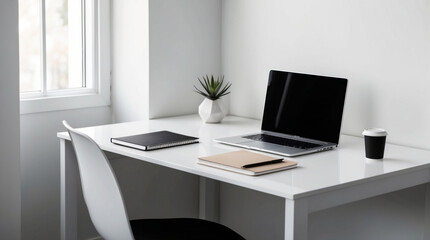 A minimalist workspace with a clean, white desk featuring a laptop, a notebook, and a coffee cup.jpg