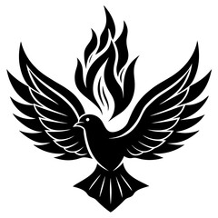 vector silhouette of a gold lined Holy Spirit dove over red flames vector silhouette