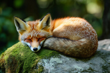 Fototapeta premium Generative AI image of a peaceful red fox sleeping in the summer forest with a delicate butterfly resting on its head in warm natural light