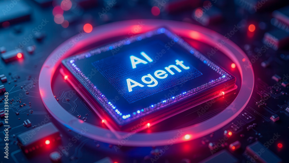 Poster ai agent concept with microchips and circuit board design in vibrant colors