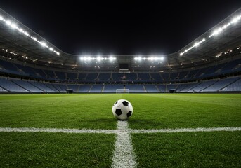 Photo of Soccer Ball on Field in Empty Stadium at Night