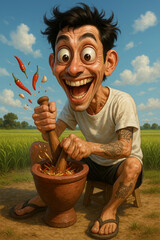 A young man is making papaya salad in the middle of a rice field, feeling excited.