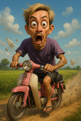 A young man drives an old motorcycle on a road in the middle of a rice field, feeling excited.