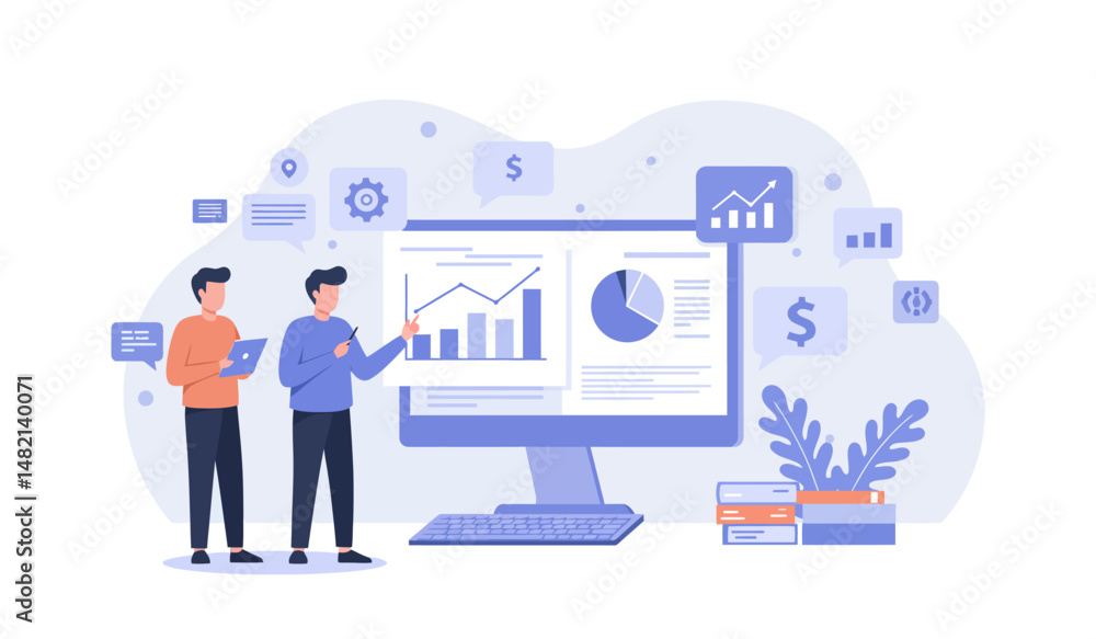 Aufkleber business analysis and growth strategy with data visualization and teamwork concept