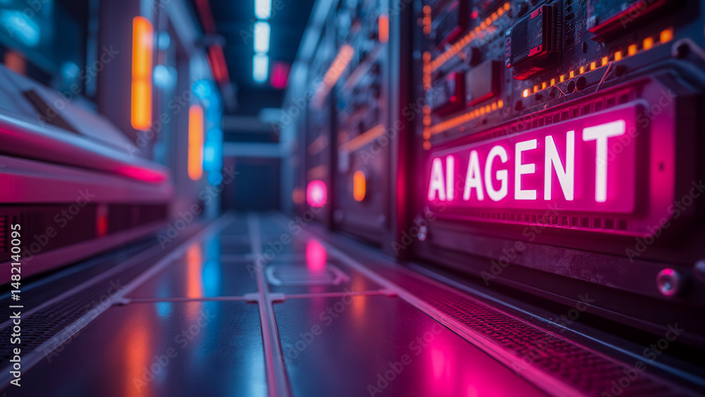 Poster futuristic server room with ai agent label and neon lights in a data center environment