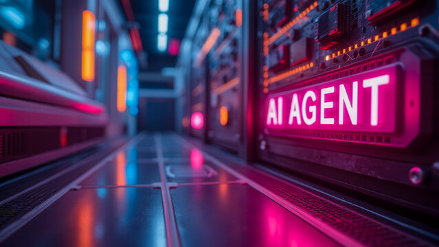 Futuristic Server Room with AI Agent Label and Neon Lights in a Data Center Environment