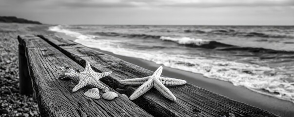 Beach scene on blue wooden with vintage background and starfish concept. Black and white photo of starfish on a wooden boardwalk by the sea.
