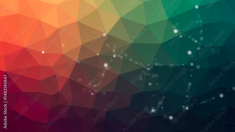 Poster abstract geometric background with colorful triangles and light dots in vibrant hues