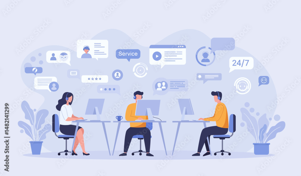 Poster collaborative office environment with customer service communication and digital interaction