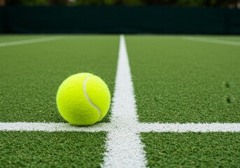Photo of Tennis Ball on Green Court with White Lines