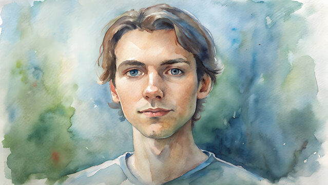 Young man with a calm expression in a watercolor portrait style