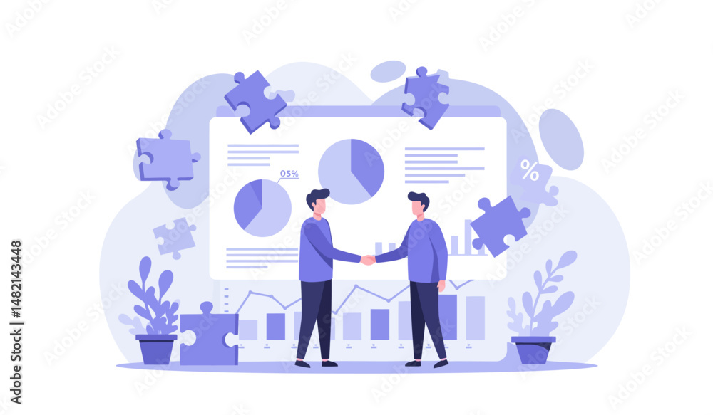 Poster business partnership and data analysis concept with puzzle elements for teamwork and success