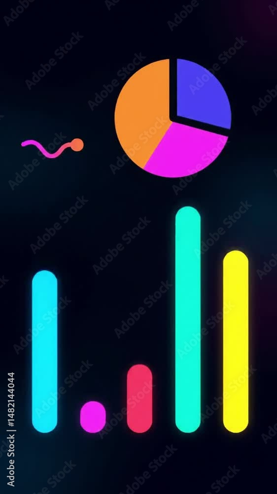 Poster colorful data visualization with bright bar graphs and pie chart on smooth stylish background for mo