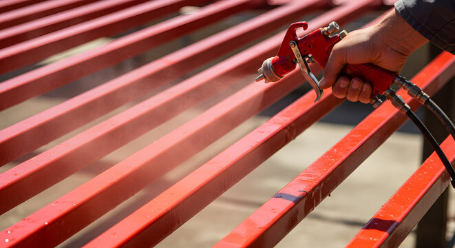 Worker Spray Painting Parallel Metal Bars in Red with a Handheld Gun Under Bright Outdoor Lighting