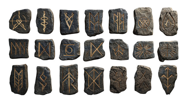 Ancient rune stones collection dark grey texture background 3d set art old on transparent background