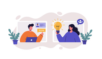 Obraz premium Virtual teamwork and idea sharing, remote collaboration concept for digital communication design
