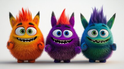 Fototapeta premium Three cheerful, fluffy cartoon monsters in orange, purple, and teal, with spiky hair, big eyes, and wide grins