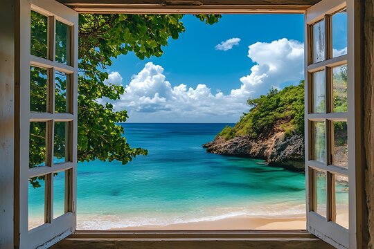 Fototapeta Picturesque view of tropical beach scenery seen through an open white window
