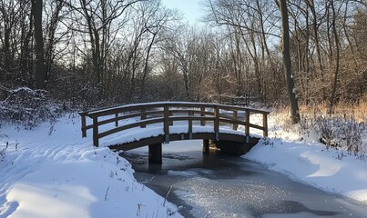 Snow-laden bridge spanning a sparkling, frozen creek in a quiet forest, Generative AI