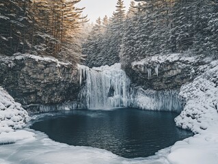 Frozen waterfall cascading into an icy river surrounded by frosted pines, Generative AI